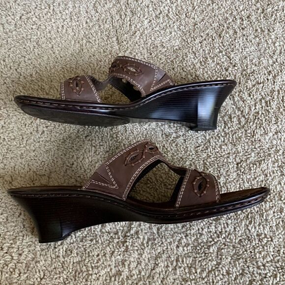 Trotters Women's 9.5 Brown Woven Slip on Slide Sandals Wedge Casual Leather‎ - Picture 4 of 10